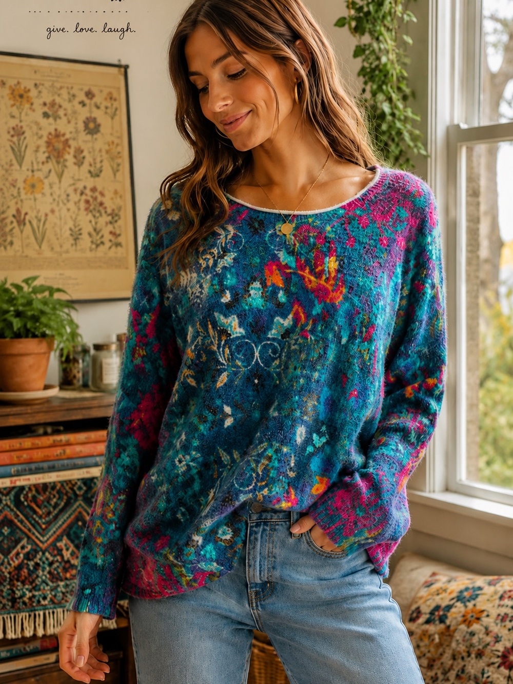 Natural Life Fuzzy Floral Eyelash Knit Sweater M Cottagecore Boho whimsigoth B2 - Picture 2 of 9